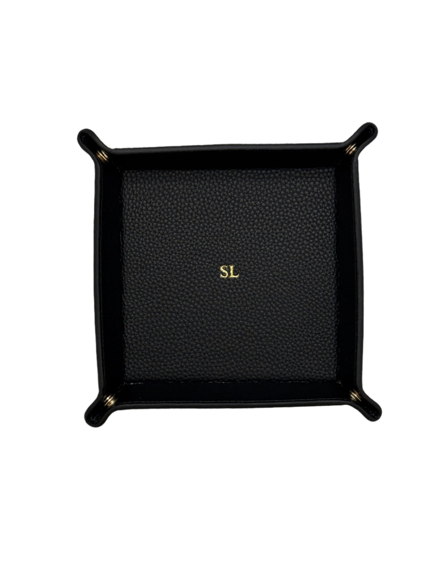 black vegan leather tray with gold monogram in the center
