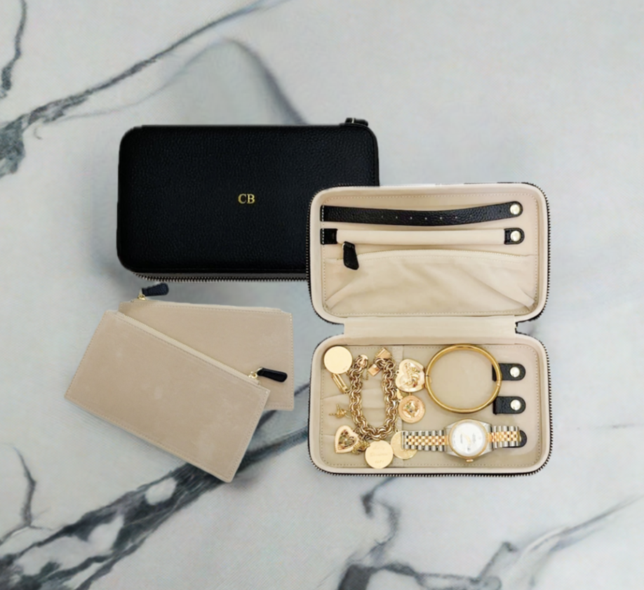 inside of jewelry case with two pouches to the left